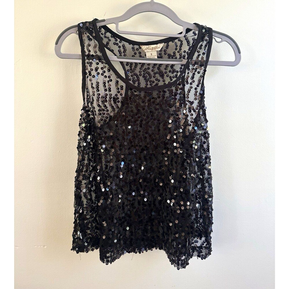 Fun & Flirt Black Sequin Mesh Sheer Scoop Neck Racerback Tank Top Size S